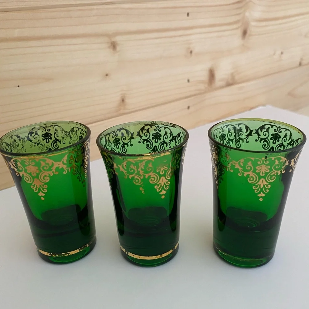 Vintage Emerald Green Gold Accent Shot Glasses Mid Century Barware Retro